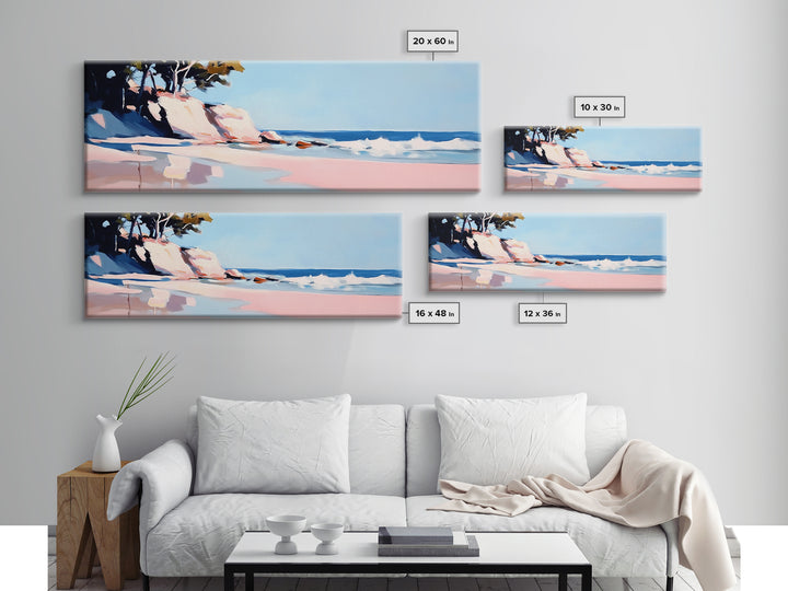 Cliffs, Waves, Pink Sand, Framed Canvas Print, Seascape Wall Art, Coastal Home Decor, Ocean Scene, Pastel Aesthetic, Relaxing Landscape