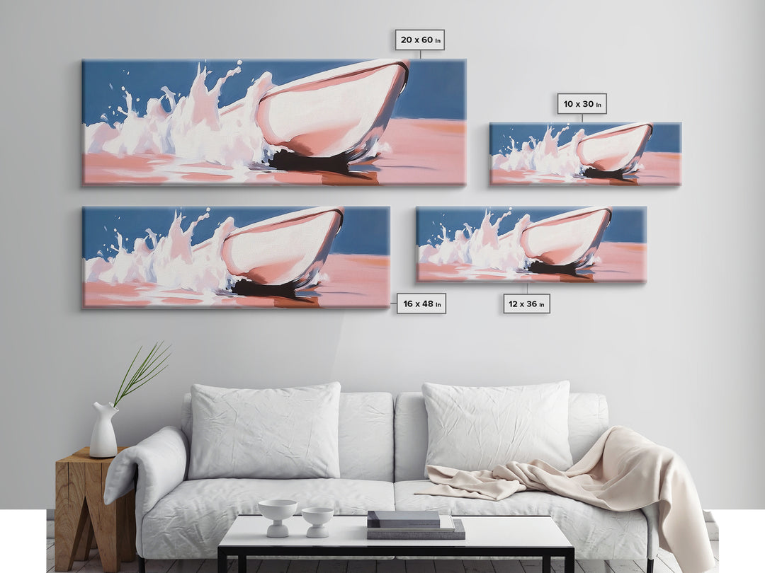 Boat Splash, Ocean Motion, Nautical Art, Framed Canvas Print, Coastal Wall Decor, Relaxing Beach Scene, Minimalist Seascape