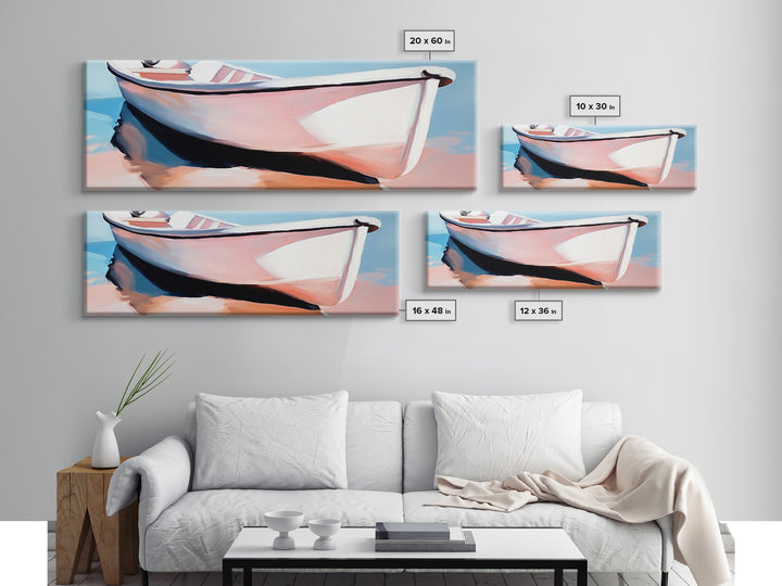 Rowboat on Shore, Nautical Scene, Pastel Coastal Art, Minimalist Ocean Print, Beach House Decor, Serene Wall Art, Canvas Print