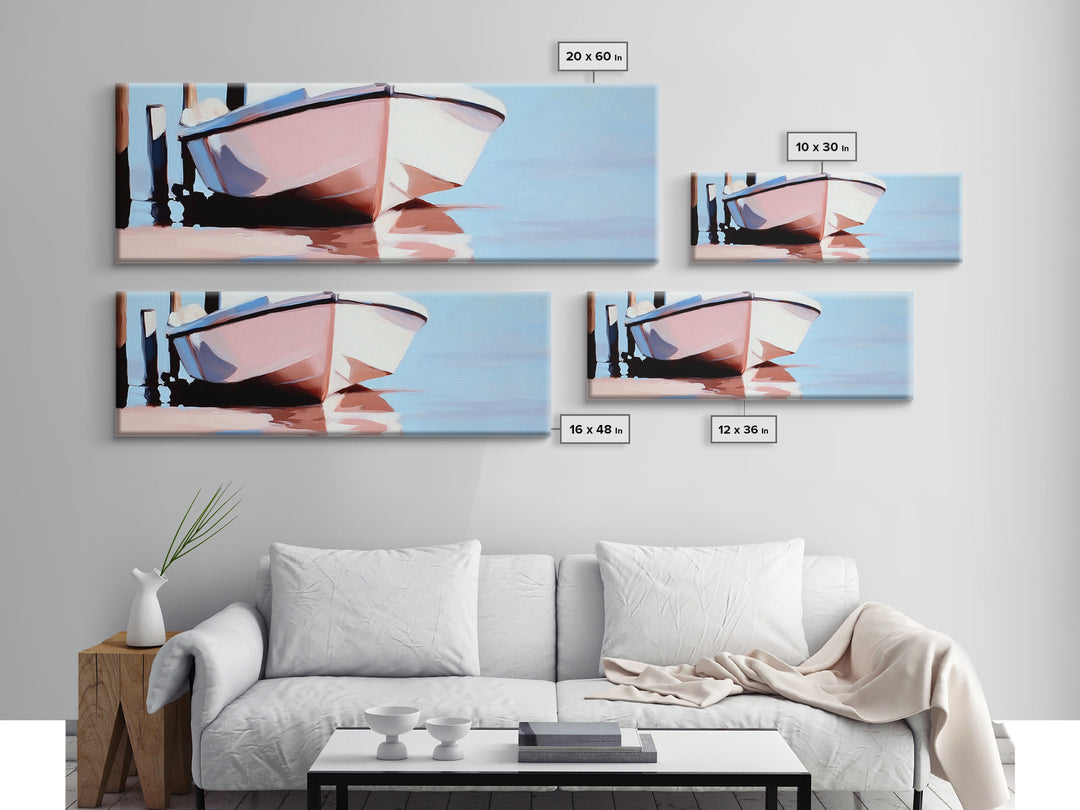 Docked Boat, Nautical Charm, Maritime Art, Framed Canvas Print, Coastal Living Room Decor, Beach House Wall Art, Ocean Painting