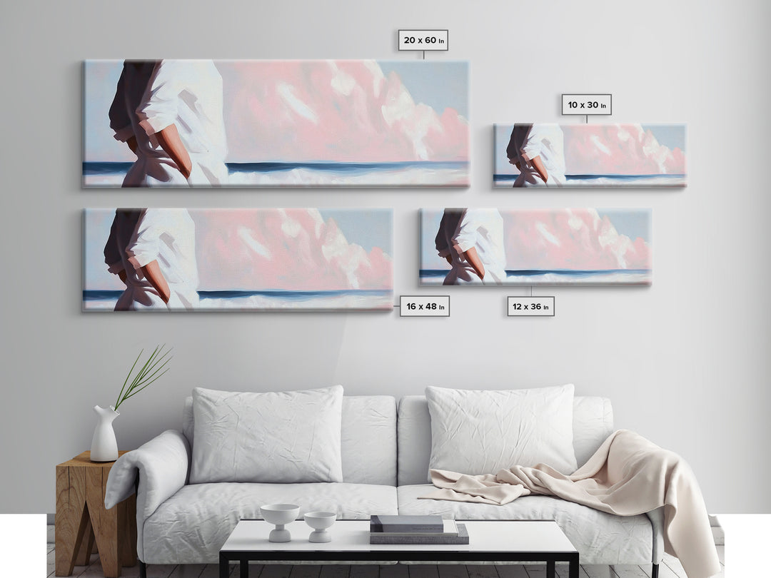 Beach Walk, Ocean Breeze, Pastel Sky, Dreamy Coastal Art, Soft Feminine Aesthetic, Framed Canvas Print, Bedroom Wall Art, Minimalist Decor