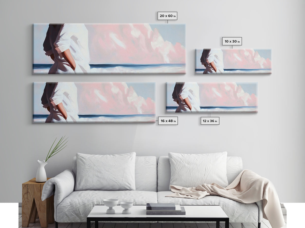 Beach Walk, Ocean Breeze, Pastel Sky, Dreamy Coastal Art, Soft Feminine Aesthetic, Framed Canvas Print, Bedroom Wall Art, Minimalist Decor