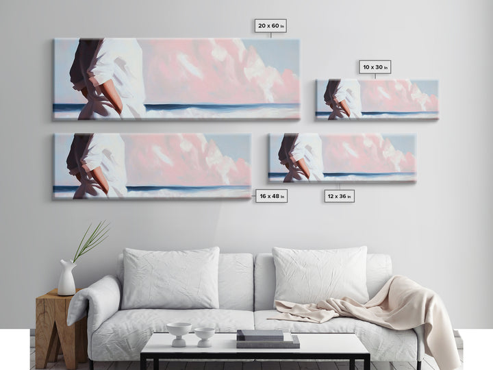 Beach Walk, Ocean Breeze, Pastel Sky, Dreamy Coastal Art, Soft Feminine Aesthetic, Framed Canvas Print, Bedroom Wall Art, Minimalist Decor