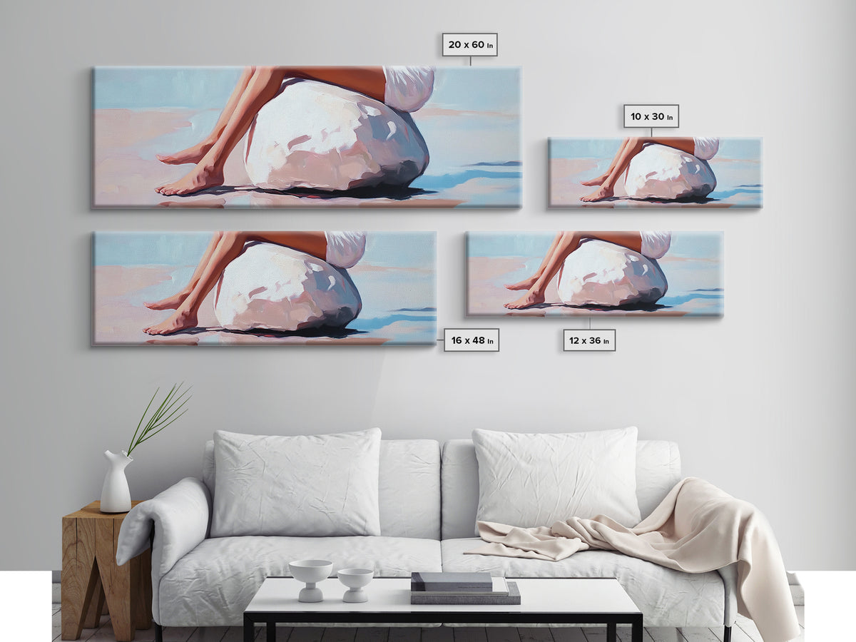 Beach Serenity, Woman Relaxing, Coastal Aesthetic, Framed Canvas Print, Minimalist Art, Boho Decor, Bedroom Wall Art, Summer Art