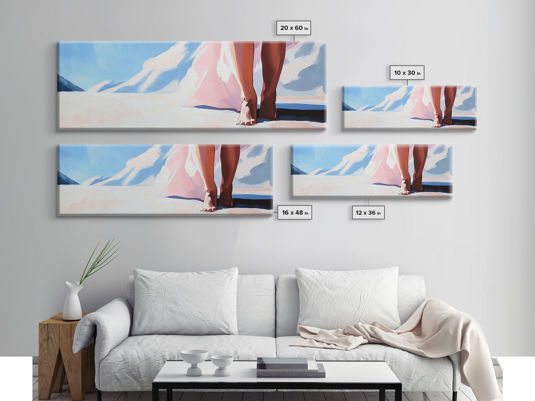 Barefoot Walk, Snowy Path, Winter Serenity, Canvas Print, Soft Pastel Art, Minimalist Aesthetic, Cozy Wall Art, Feminine Decor