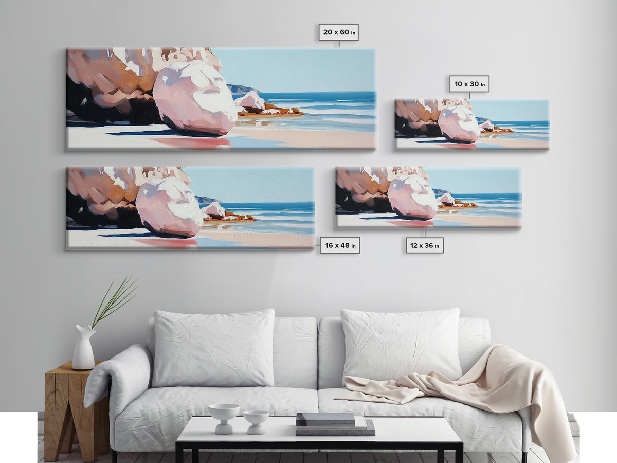 Beach Boulders, Coastal Landscape, Tranquil Escape, Framed Canvas Print, Ocean Wall Art, Boho Decor, Relaxing Seaside Painting