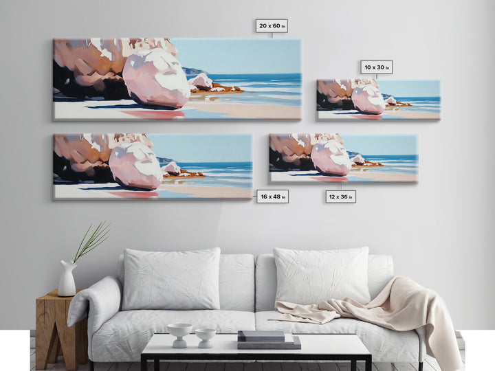 Beach Boulders, Coastal Landscape, Tranquil Escape, Framed Canvas Print, Ocean Wall Art, Boho Decor, Relaxing Seaside Painting