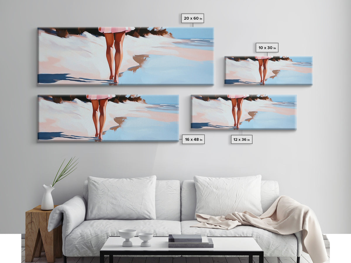 Romantic Reflection, Sand and Sea, Dreamy Pastels, Framed Canvas Print, Coastal Art, Beach House Decor, Serene Aesthetic Painting