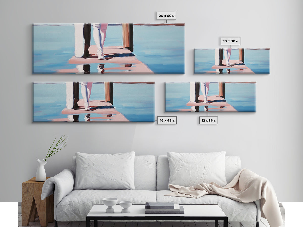 Pier Walk, Ocean Art, Coastal Landscape, Tranquil Water, Seaside Painting, Nautical Home Decor, Modern Art, Framed Canvas Print