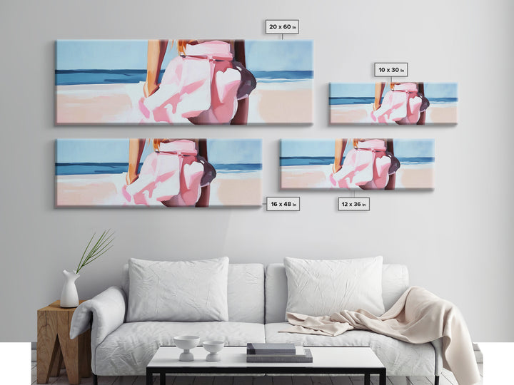 Beach Walk, Soft Waves, Feminine Coastal, Romantic Seascape, Framed Canvas Print, Boho Art, Bedroom Wall Art, Minimalist Aesthetic