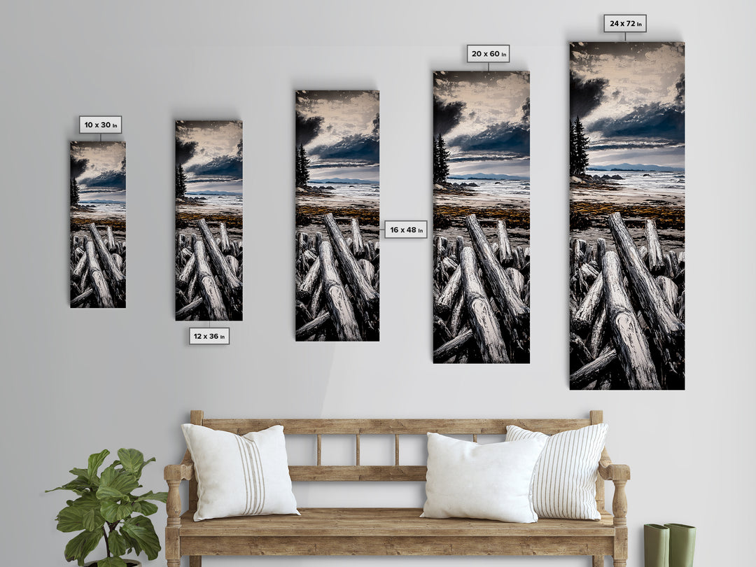 Coastal Beach, Driftwood Shore, Stormy Sky, Framed Canvas Print, Ocean Wall Art, Seaside Decor, Nautical Painting, Living Room Wall Art