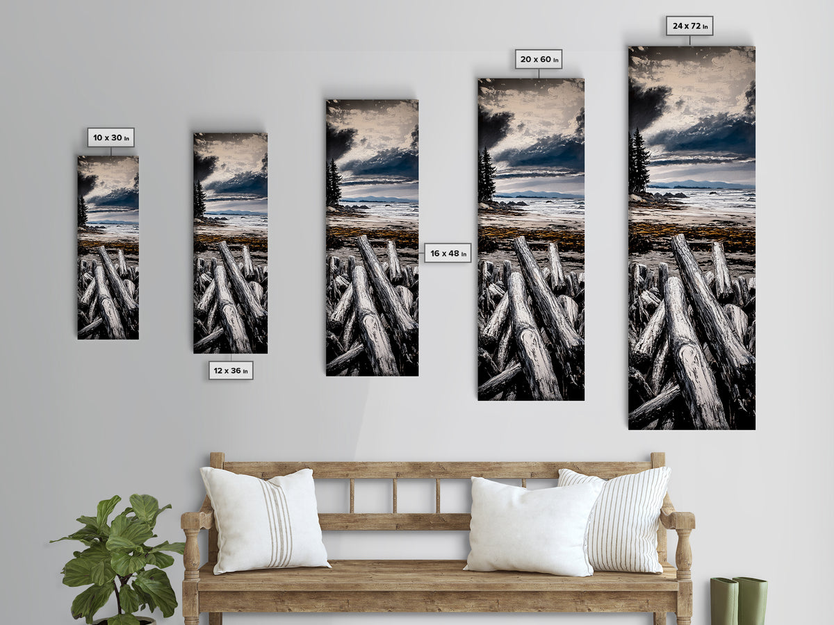 Coastal Beach, Driftwood Shore, Stormy Sky, Framed Canvas Print, Ocean Wall Art, Seaside Decor, Nautical Painting, Living Room Wall Art