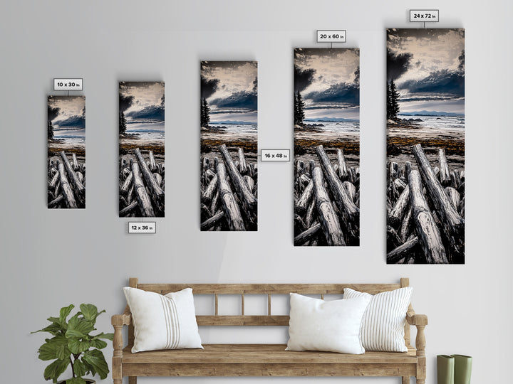 Coastal Beach, Driftwood Shore, Stormy Sky, Framed Canvas Print, Ocean Wall Art, Seaside Decor, Nautical Painting, Living Room Wall Art