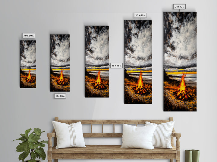Beach Bonfire, Cozy Fire, Seaside Sunset, Framed Canvas Print, Coastal Home Decor, Relaxing Landscape, Rustic Living Room Wall Art