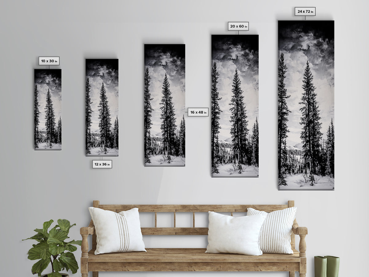 Black White Pine, Winter Forest, Nature Wall Art, Christmas Decor, Modern Minimalist, Monochrome Print, Framed Canvas Print