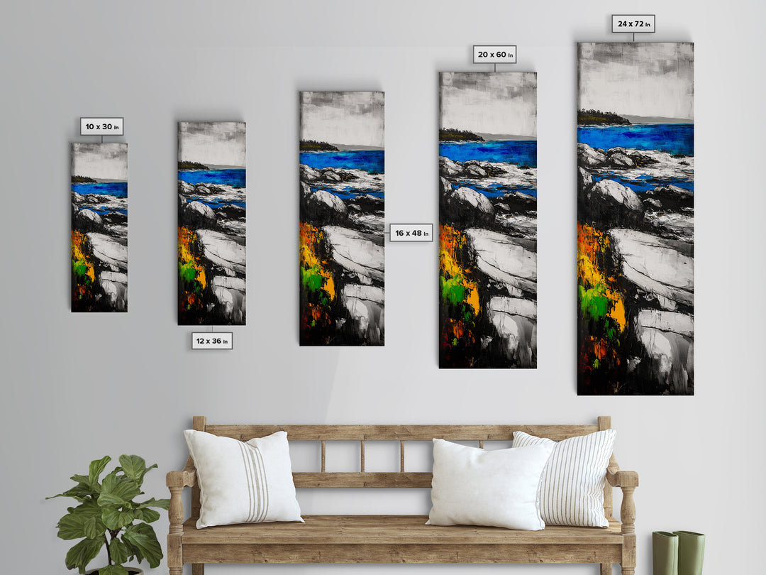 Rocky Coastline, Blue Waters, Seaside View, Framed Canvas Print, Nautical Art, Modern Beach Decor, Living Room Wall Art