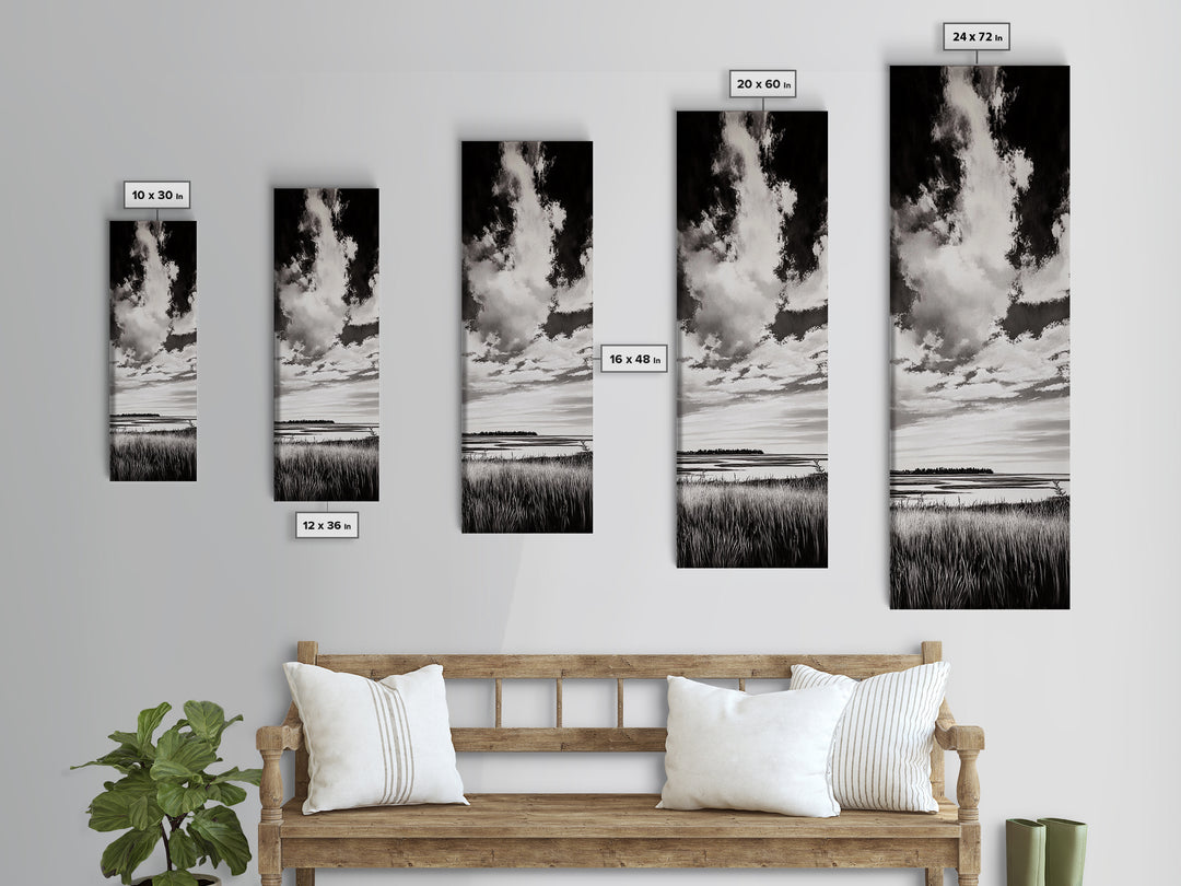 Black and White Sky, Cloudscape Wall Art, Minimalist Artwork, Nature Landscape Painting, Office or Bedroom Decor, Framed Canvas Print