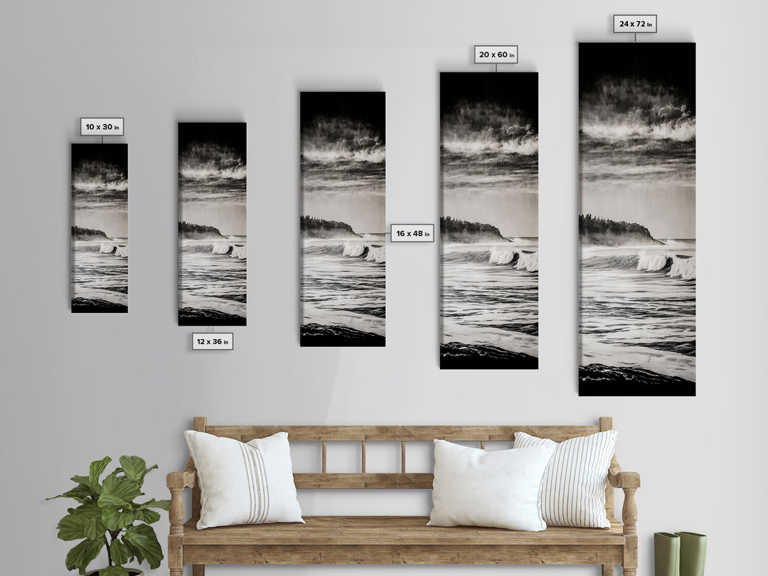 Stormy Waves, Ocean Landscape, Black and White, Framed Canvas Print, Coastal Wall Art, Modern Office Decor, Minimalist Seascape Painting