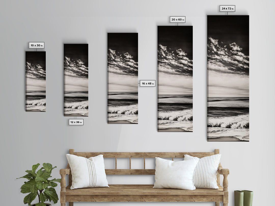 Ocean Horizon, Black and White, Cloudy Sky, Canvas Print, Coastal Wall Art, Minimalist Seascape, Modern Living Room Decor, Nautical Art