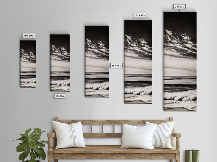 Ocean Horizon, Black and White, Cloudy Sky, Canvas Print, Coastal Wall Art, Minimalist Seascape, Modern Living Room Decor, Nautical Art