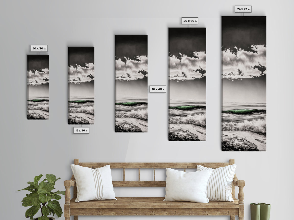 Coastal Waves, Black and White, Green Wave, Framed Canvas Print, Modern Beach Wall Art, Minimalist Ocean Decor, Living Room Art