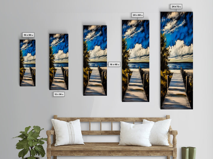 Serene Dock, Lake View, Blue and Gold, Canvas Print, Peaceful Nature Scene, Rustic Wall Art, Cabin Decor, Living Room Artwork