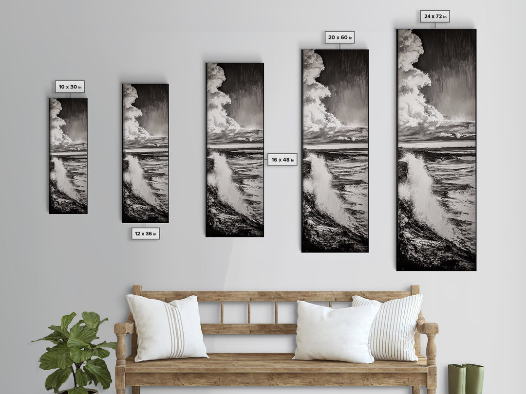 Ocean Power, Wave Crash, Coastal Landscape, Dramatic Seascape, Framed Canvas Print, Black and White Wall Art, Beach House Decor