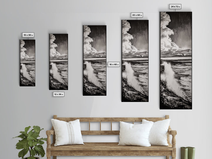Ocean Power, Wave Crash, Coastal Landscape, Dramatic Seascape, Framed Canvas Print, Black and White Wall Art, Beach House Decor