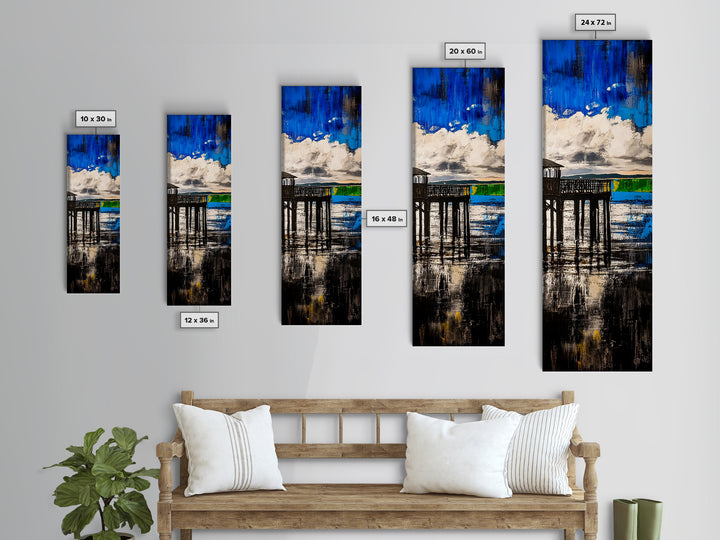 Dock on Water, Rustic Coastal Art, Blue Tones, Nautical Painting, Framed Canvas Print, Living Room Decor, Lakeside Cabin Wall Art