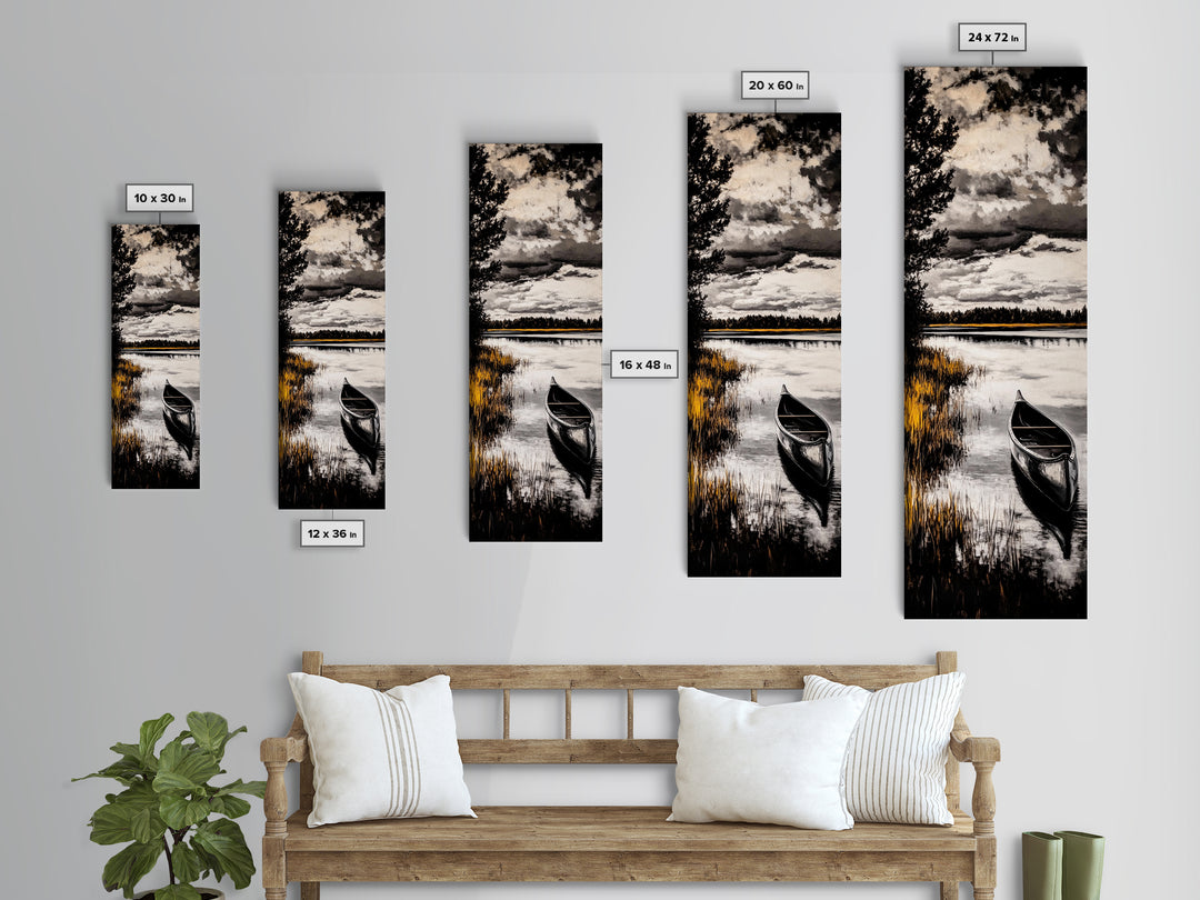 Canoe Lake, Tranquil Nature Art, Black and White Landscape, Framed Canvas Print, Serene Home Decor, Cabin Wall Art, Adventure Painting