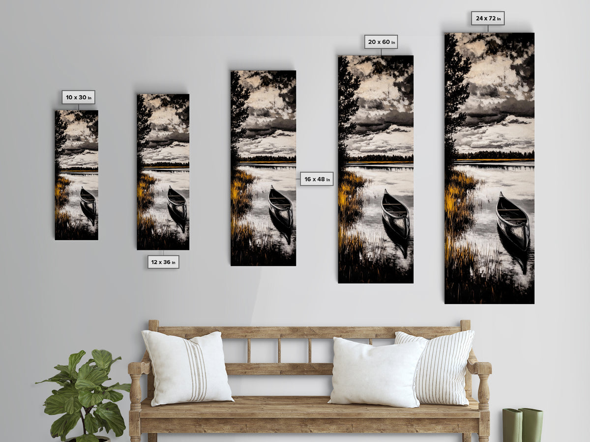 Canoe Lake, Tranquil Nature Art, Black and White Landscape, Framed Canvas Print, Serene Home Decor, Cabin Wall Art, Adventure Painting