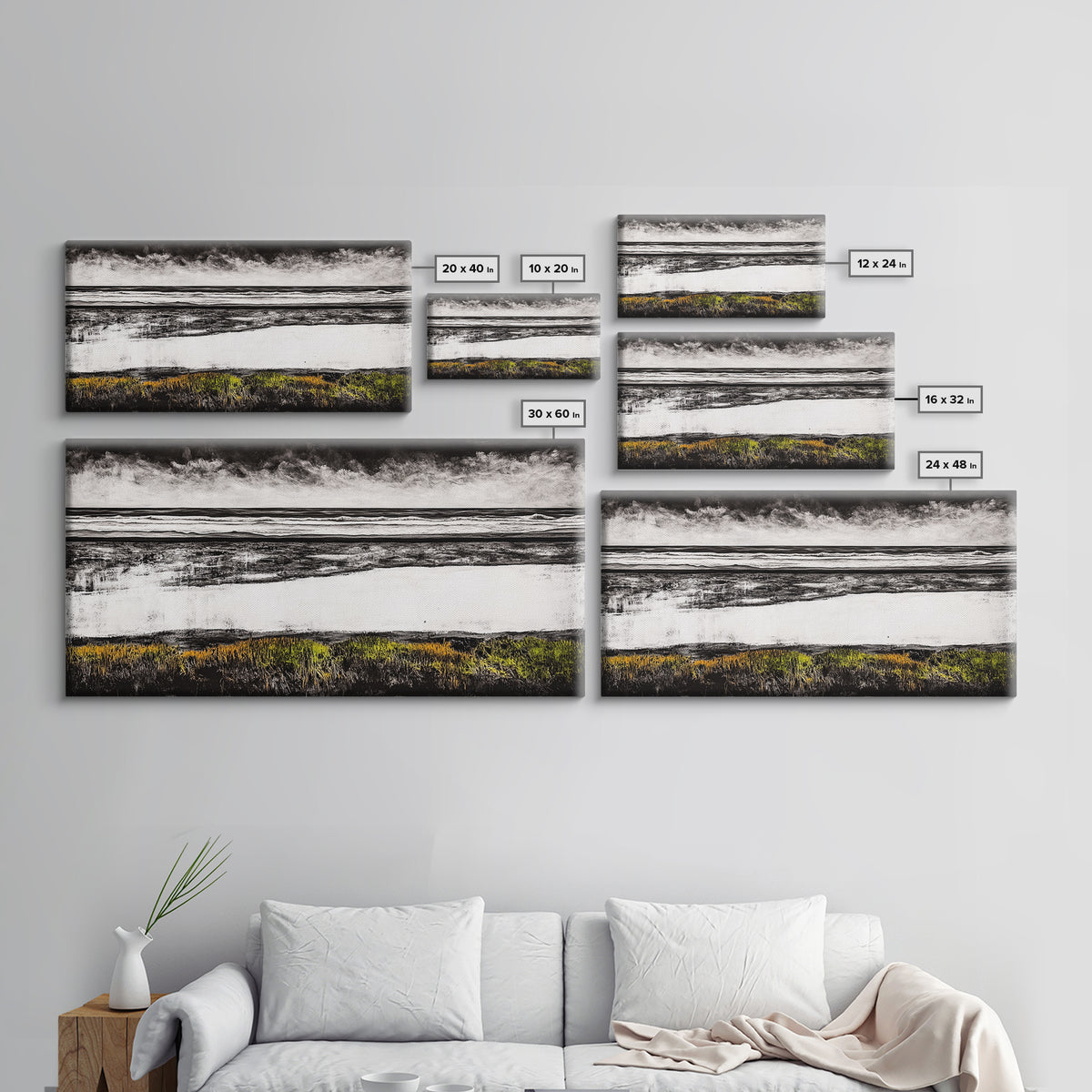 Coastal Horizon, Black and White Beach, Minimalist Seascape, Monochrome Art, Nature Inspired, Framed Canvas Print, Office Wall Decor