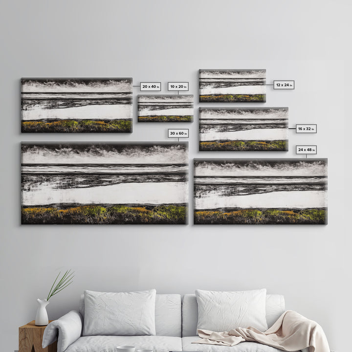 Coastal Horizon, Black and White Beach, Minimalist Seascape, Monochrome Art, Nature Inspired, Framed Canvas Print, Office Wall Decor