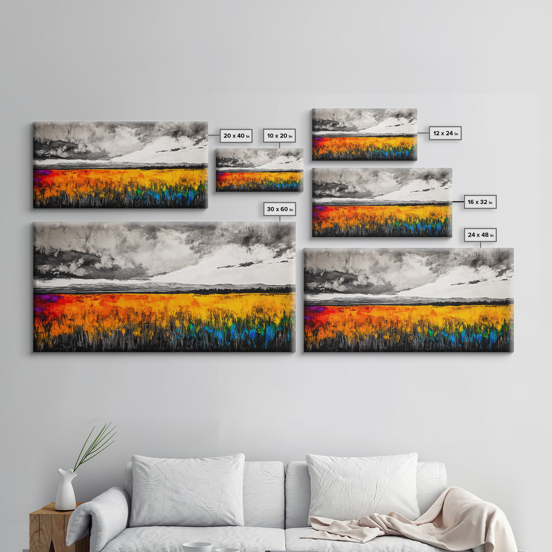 Autumn Meadow, Stormy Sky, Vibrant Fields, Framed Canvas Print, Fall Wall Art, Modern Landscape, Office Decor, Large Wall Art, Farmhouse