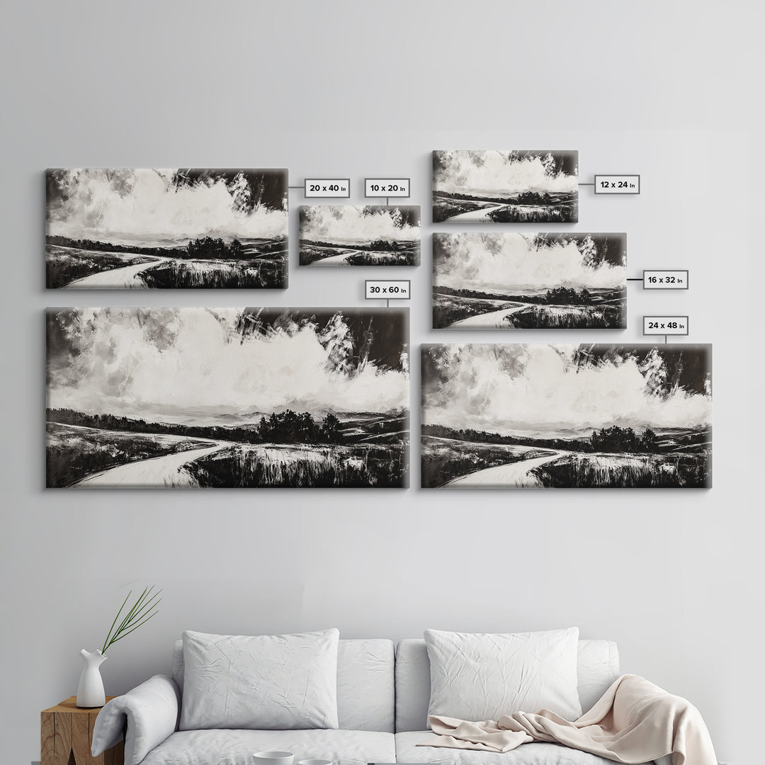 Country Road, Black and White, Minimalist, Framed Canvas Print, Rustic Landscape, Entryway Wall Art, Neutral Wall Decor, Farmhouse Style