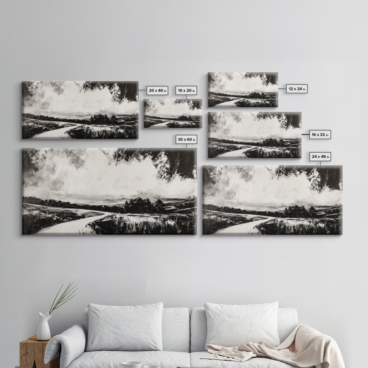Country Road, Black and White, Minimalist, Framed Canvas Print, Rustic Landscape, Entryway Wall Art, Neutral Wall Decor, Farmhouse Style