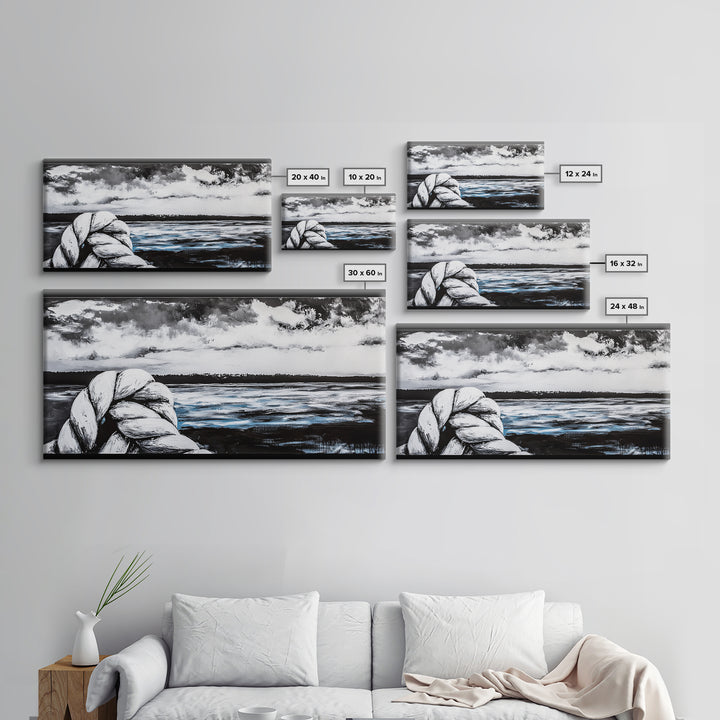 Nautical Art, Coastal Rope, Black and White, Framed Canvas Print, Beach House Decor, Minimalist Wall Art, Modern Ocean Painting
