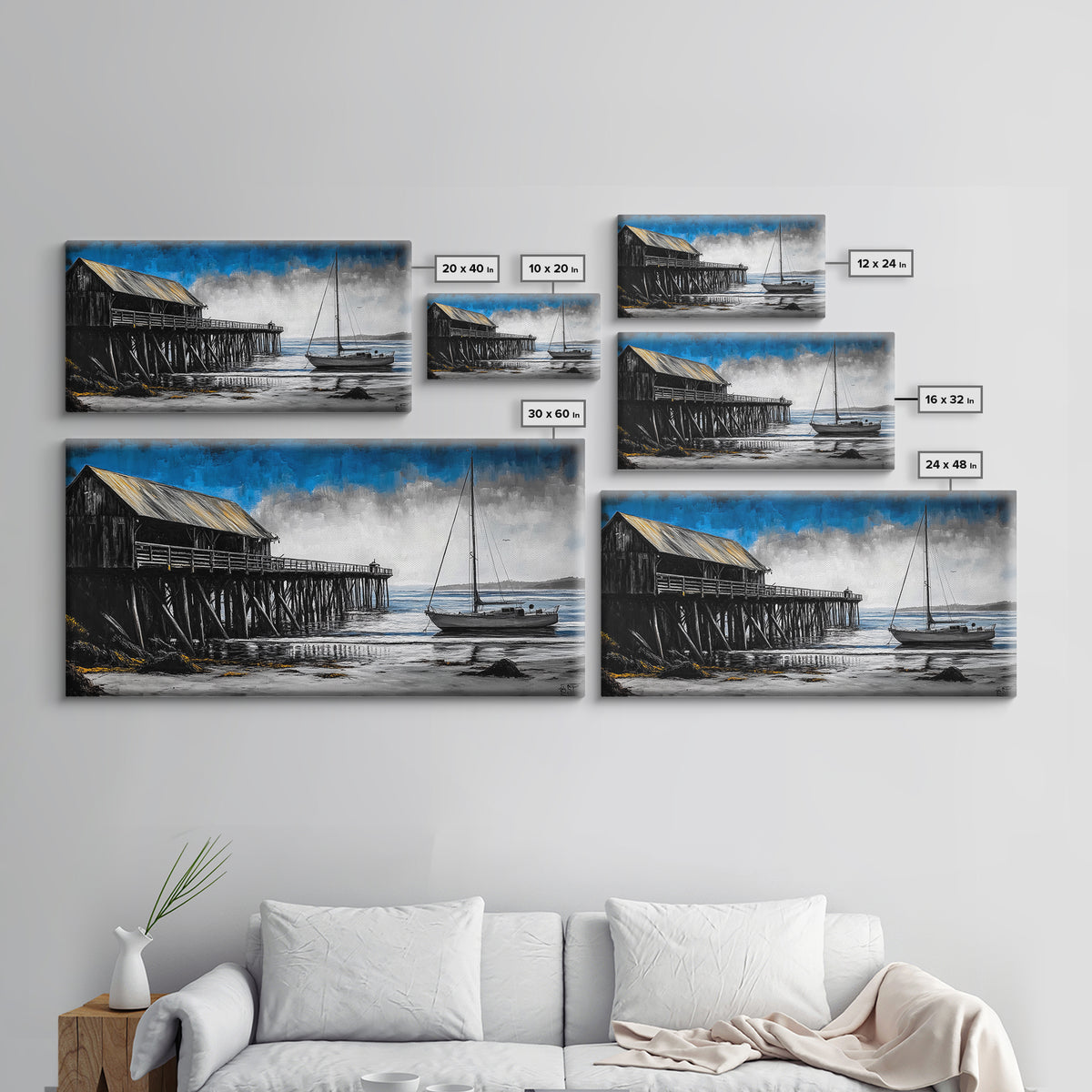 Pier and Boat, Seaside Wall Art, Coastal Landscape, Framed Canvas Print, Nautical Home Decor, Large Artwork, Ocean Painting