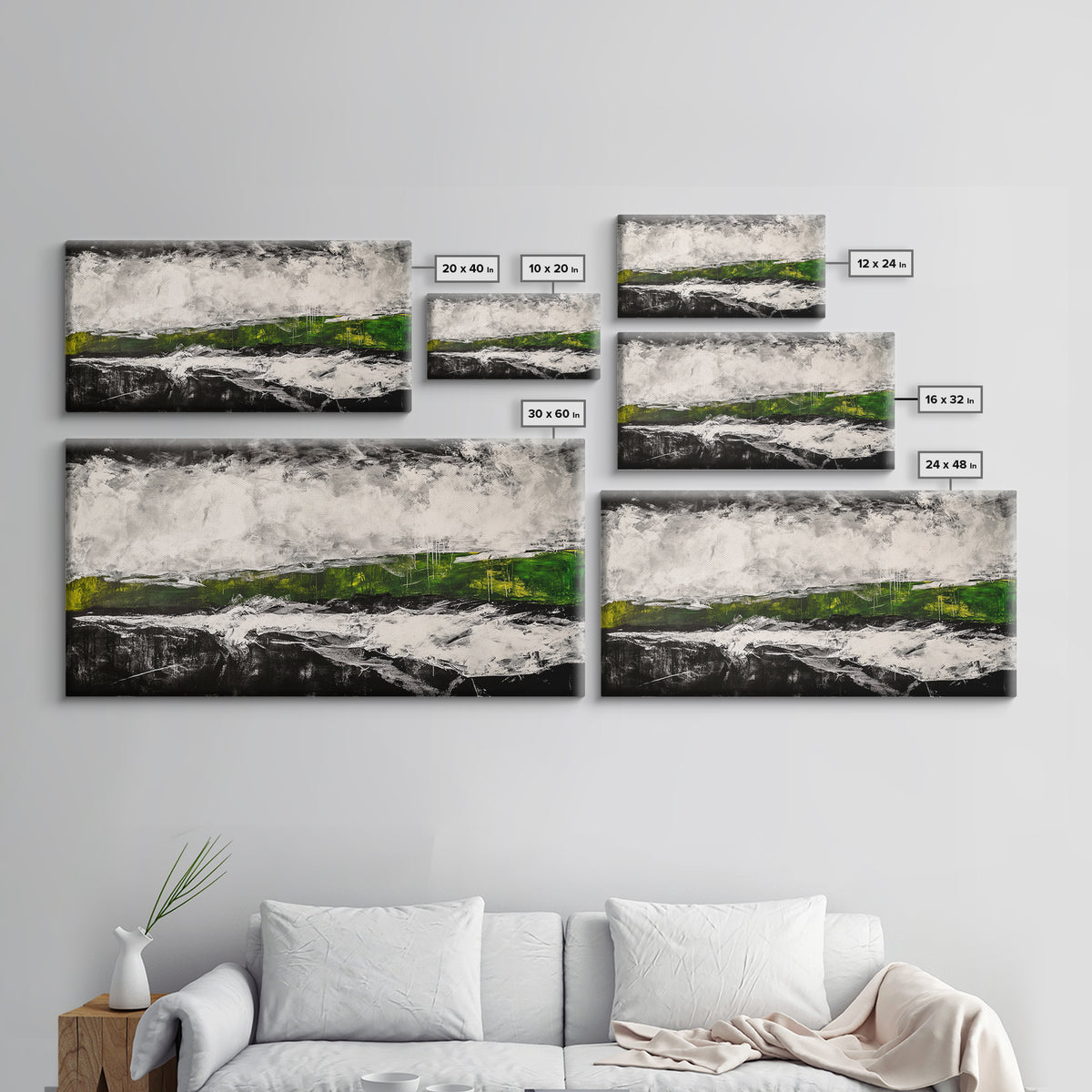 Abstract Expressionism, Black White Green, Dramatic Landscape, Framed Canvas Print, Modern Wall Art, Statement Artwork, Living Room Decor