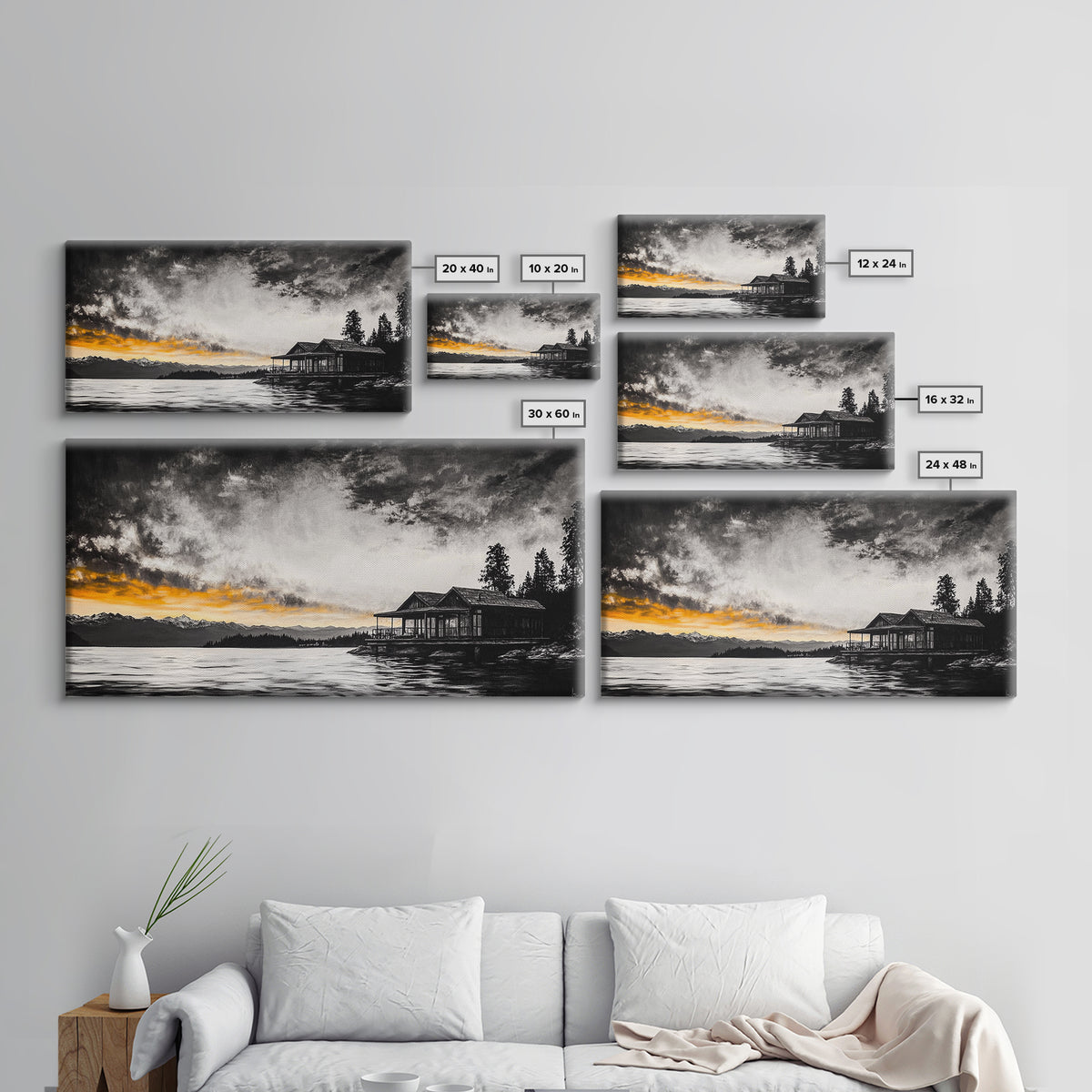 Sunset Cabin, Lake House Art, Mountain Retreat, Framed Canvas Print, Rustic Home Decor, Nature Wall Art, Bedroom Wall Art