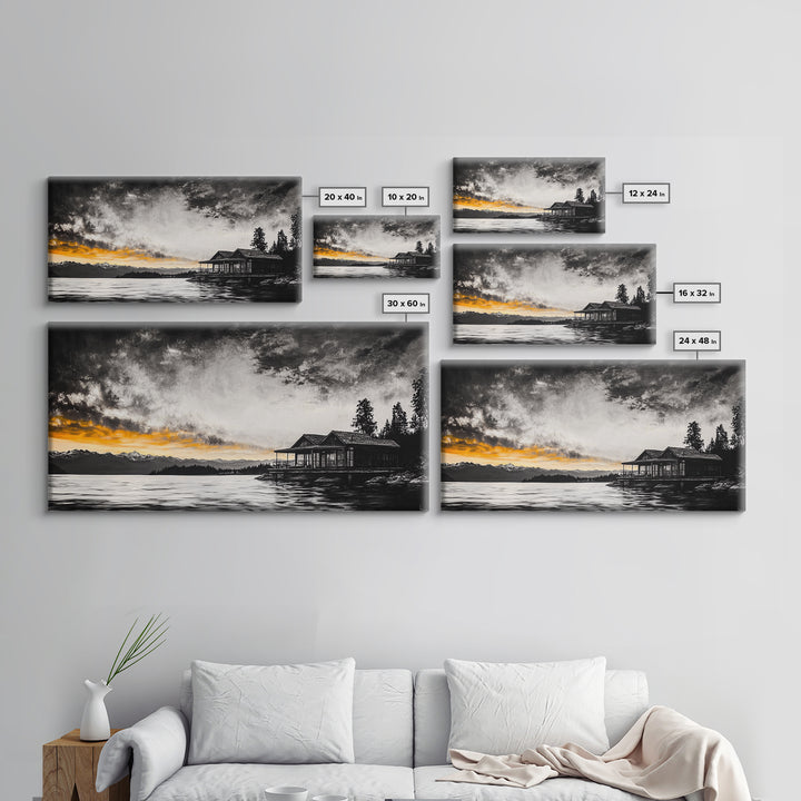 Sunset Cabin, Lake House Art, Mountain Retreat, Framed Canvas Print, Rustic Home Decor, Nature Wall Art, Bedroom Wall Art
