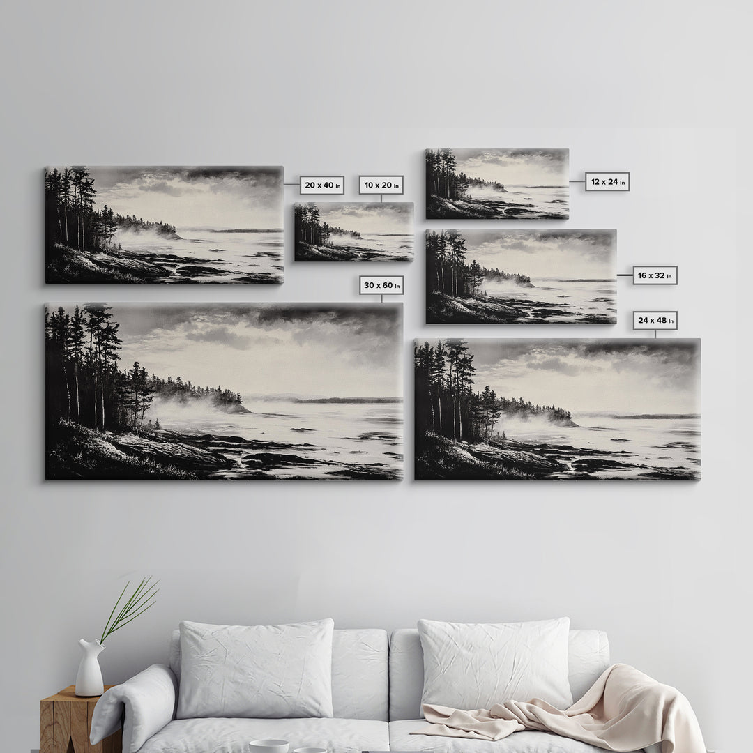 Foggy Coast, Misty Landscape Art, Black and White Wall Art, Canvas Print, Nature Wall Art, Cabin Decor, Moody Art