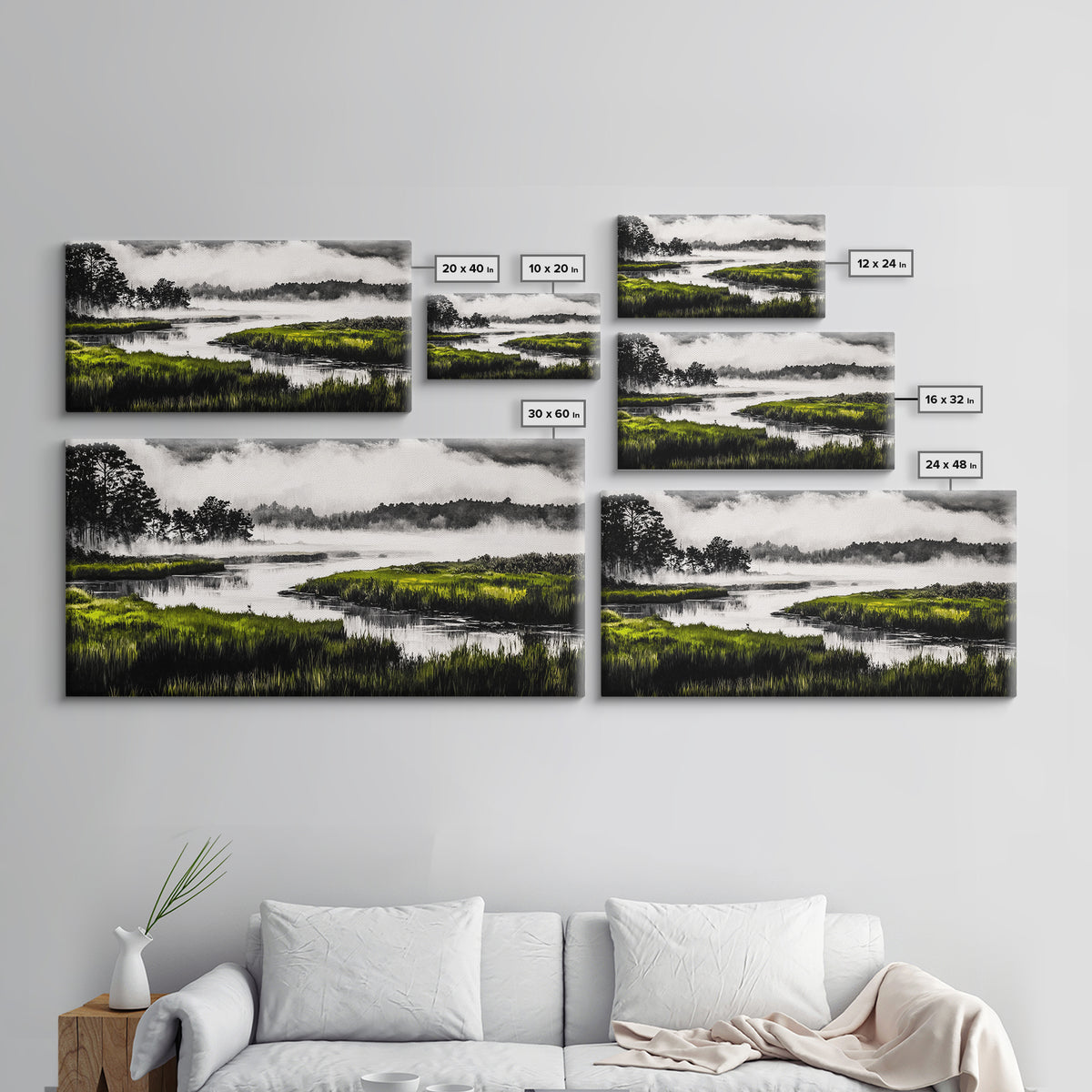 Misty Marsh, Green Landscape, Nature Lover Art, Framed Canvas Print, Serene Wall Art, Living Room Art, Minimalist Decor
