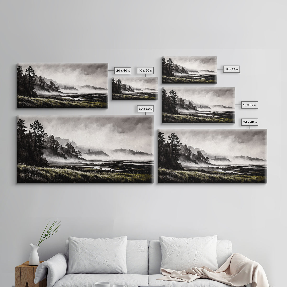 Foggy Hills, Woodland Landscape, Monochrome Art, Canvas Print, Rustic Nature Decor, Peaceful Wall Art, Mountain Art