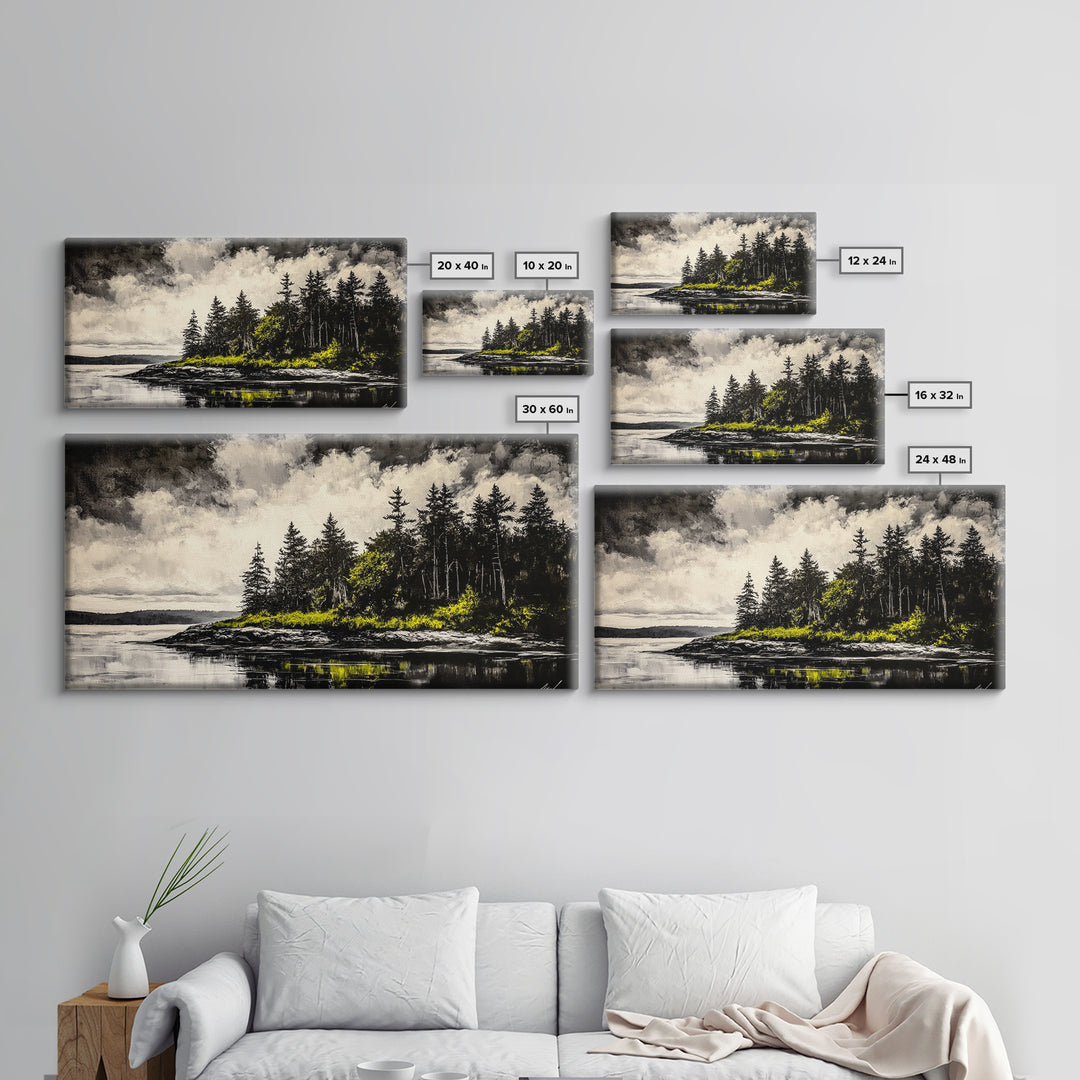 Island Escape, Black and White Landscape, Coastal Home Decor, Framed Canvas Print, Nature Wall Art, Cabin Living Art