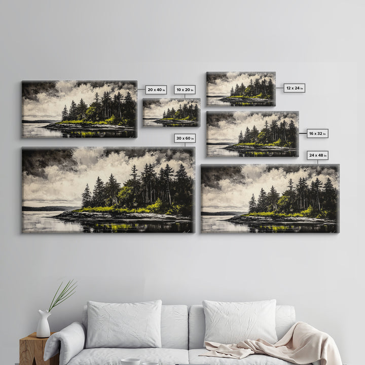 Island Escape, Black and White Landscape, Coastal Home Decor, Framed Canvas Print, Nature Wall Art, Cabin Living Art