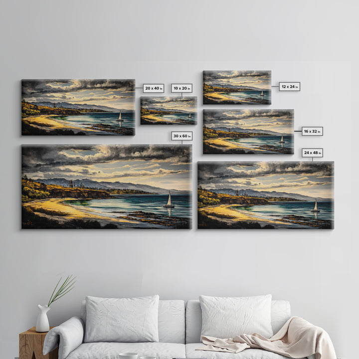 Sailboat, Coastal Sunset, Dramatic Sky, Framed Canvas Print, Nautical Wall Art, Beach House Decor, Ocean Lover Gift, Living Room Art