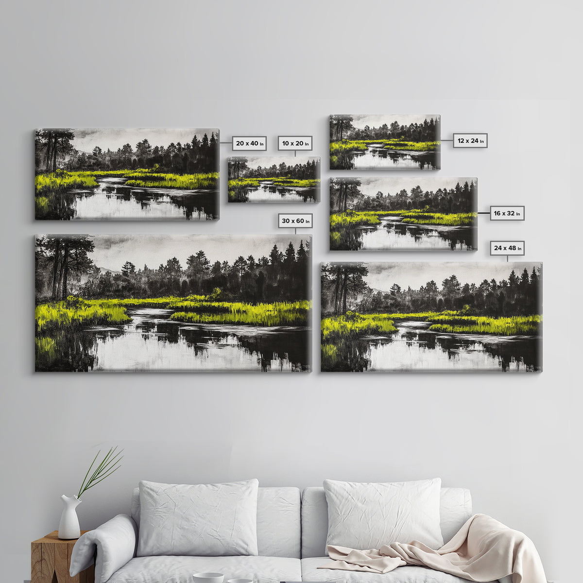 River Reflection, Minimalist Nature Art, Framed Canvas Print, Black and White Landscape, Modern Wall Decor, Office Wall Art