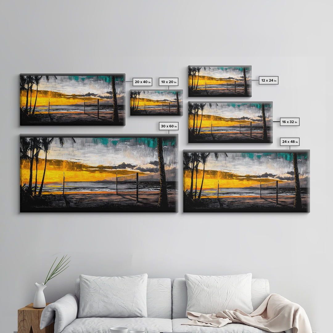 Beach Volleyball, Sunset Seascape, Warm Coastal Decor, Tropical Wall Art, Living Room Artwork, Golden Hour Beach Scene, Framed Canvas Print
