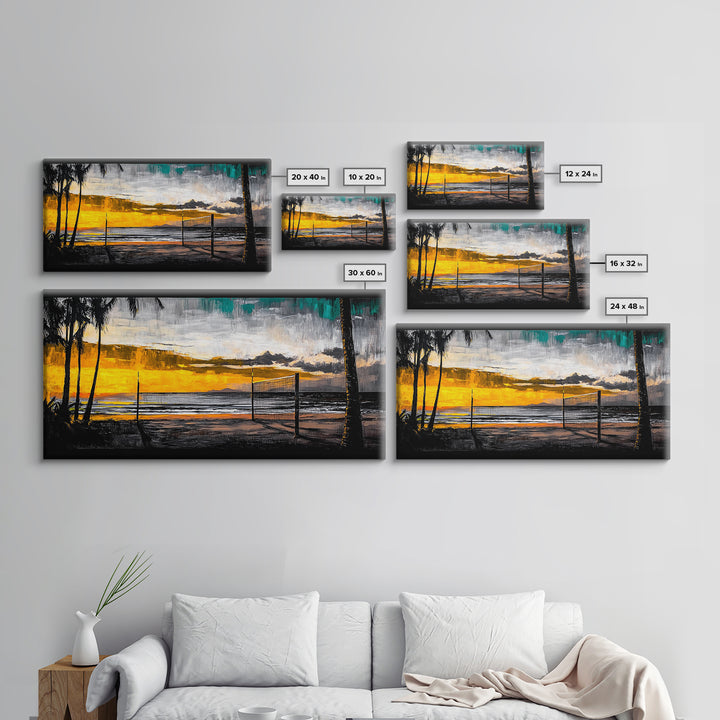 Beach Volleyball, Sunset Seascape, Warm Coastal Decor, Tropical Wall Art, Living Room Artwork, Golden Hour Beach Scene, Framed Canvas Print